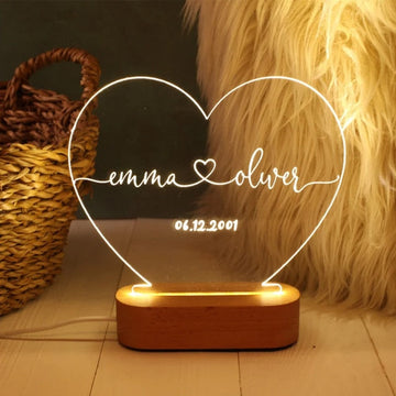 3D Frame Light Names & Date in Heart - myphoto-gift.com